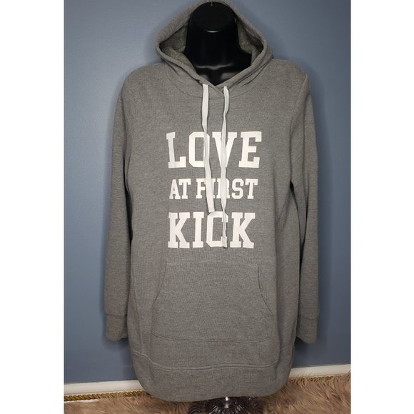 MOTHERHOOD MATERNITY ""LOVE AT FIRST KICK"" HOODED SWEATSHIRT -SMALL - Picture 1 of 3